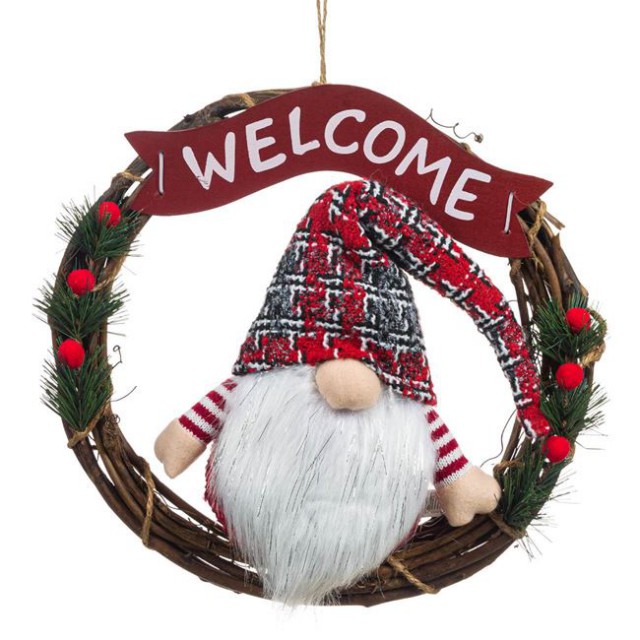 Decoratiune de Lemn Coronita Gnome de Craciun Welcome 35cm