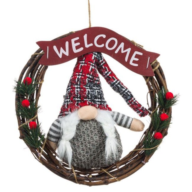 Decoratiune de Lemn Coronita Gnome de Craciun cu Codite Welcome 35cm