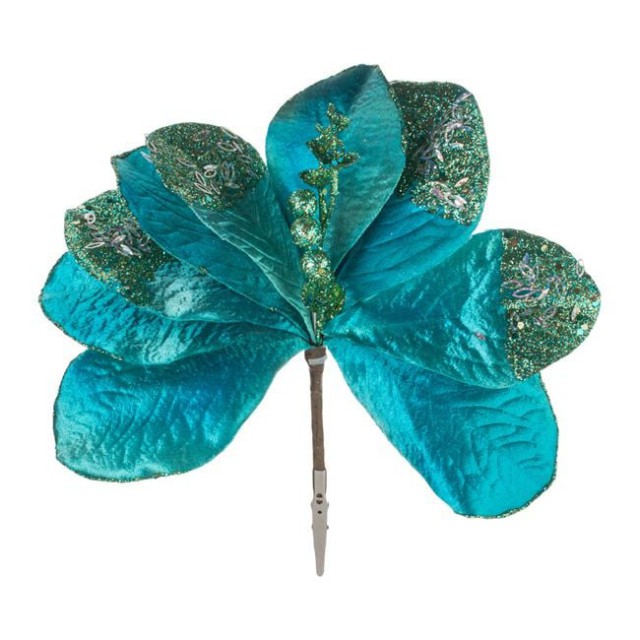 Floare Artificiala cu Clips de Craciun Magnolie Turcoaz cu Glitter Paiete 23cm