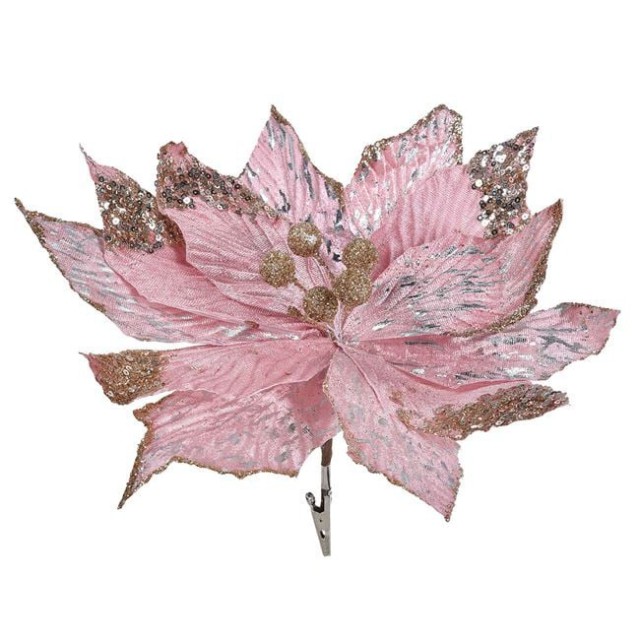 Floare Decorativa de Craciun Craciunita Catifelata cu Clips Roz cu Glitter Paiete 29cm