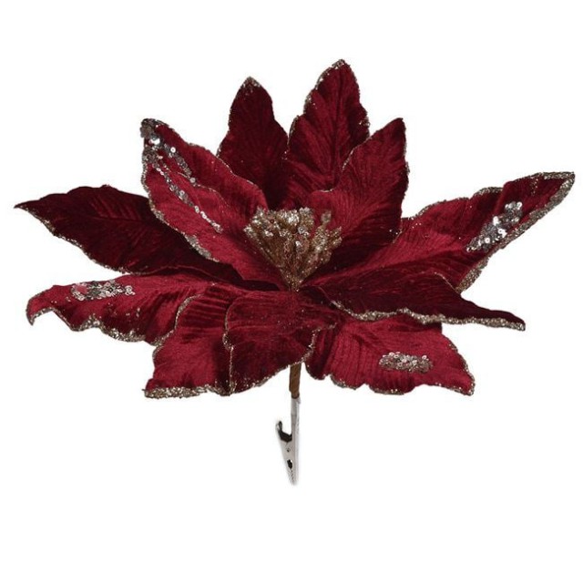 Floare Decorativa de Craciun Craciunita cu Clips Bordo cu Glitter Bej Samapnie 36cm