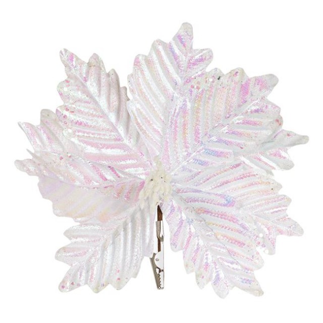 Floare Decorativa de Craciun cu Clip Craciunita Alba Irizata 23cm