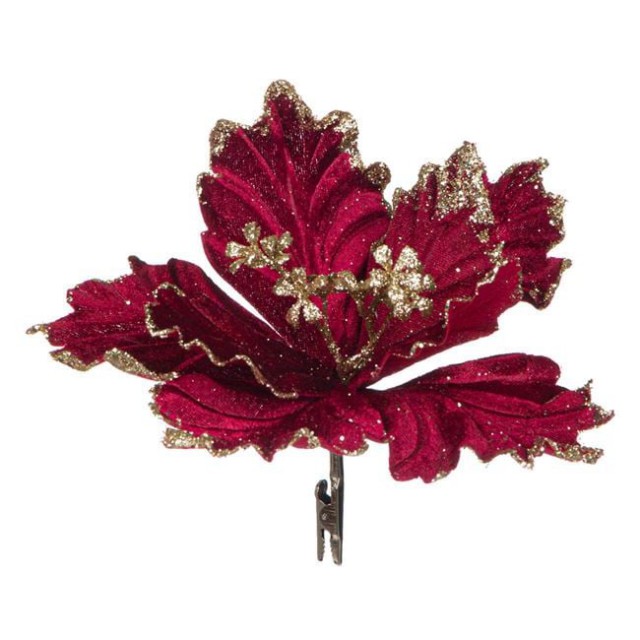 Floare Decorativa de Craciun cu Clip Craciunita Bordo Glitter Bej 22cm