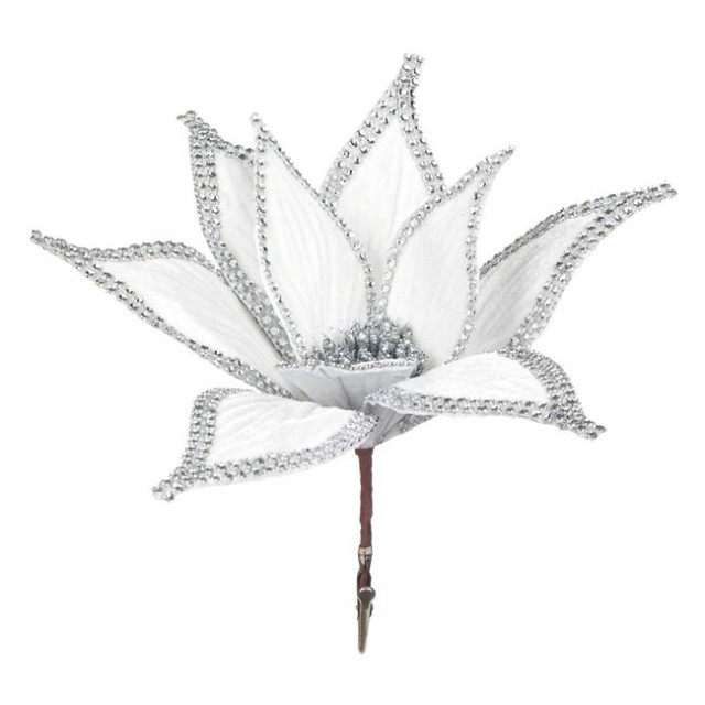 Floare Decorativa de Craciun cu Clip Craciunita Catifelata Alba Beteala Argintie Strass 24cm