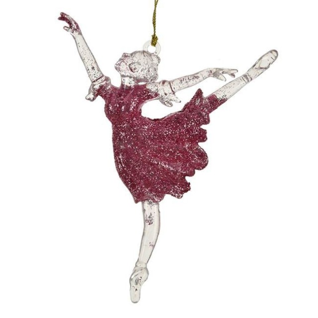 Ornament Brad de Craciun Balerina Transparenta Roz cu Gliitter 14cm