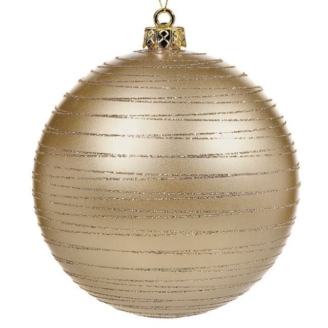 Ornament Brad de Craciun Glob Bej Mat Dungi Glitter 15cm