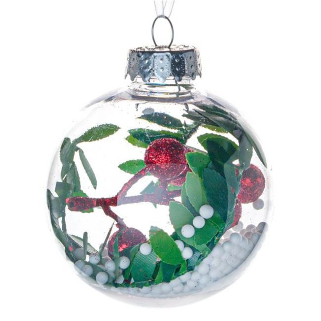 Ornament Brad de Craciun Glob Transparent Zapada Frunze Verzi Bile Rosii Glitter 8cm