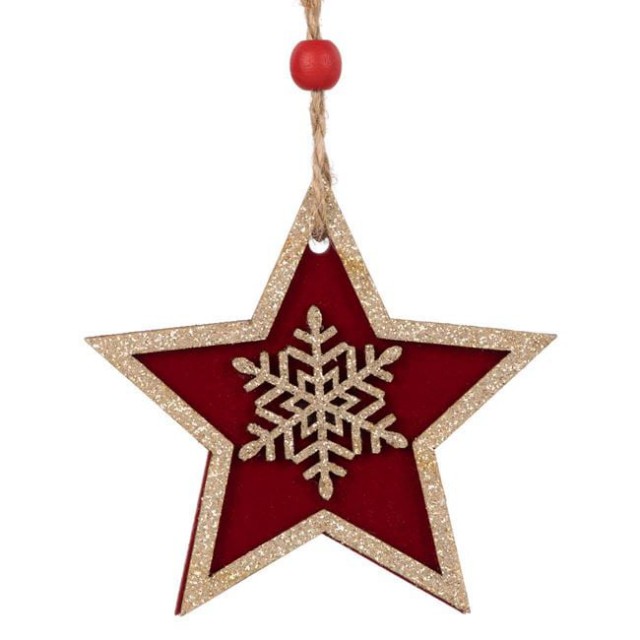 Ornament Brad de Craciun Stea din Lemn Bordo Catifelata Fulg cu Glitter Auriu 8.5cm