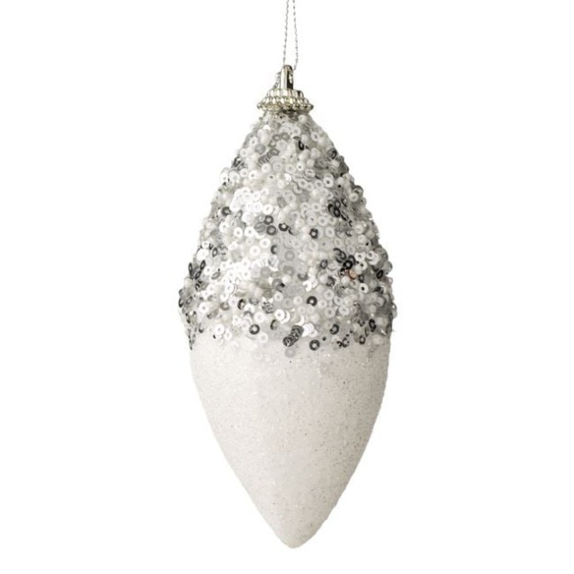 Ornament Brad de Craciun din Spuma Glob Conic Alb Margele Argintii Glitter 13cm