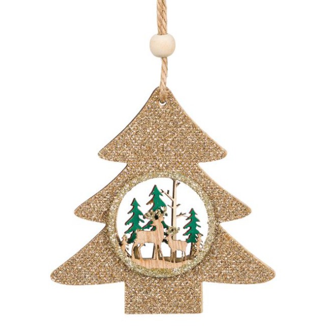 Ornament Craciun din Lemn Brad Glitter 9cm