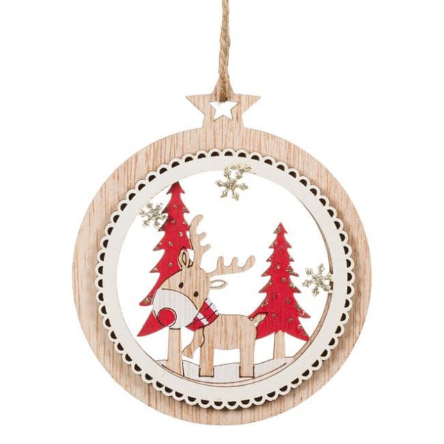 Ornament de Lemn pentru Brad de Craciun Glob Cerb 12cm