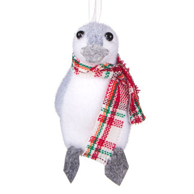 Ornament din Spuma pentru Brad de Craciun Pinguin Alb cu Fular 12cm