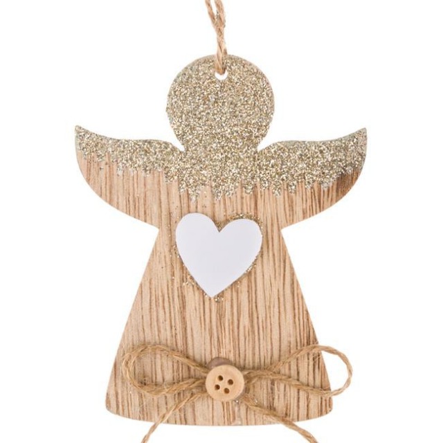 Ornament pentru Brad de Craciun din Lemn Inger Glitter Bej 10cm