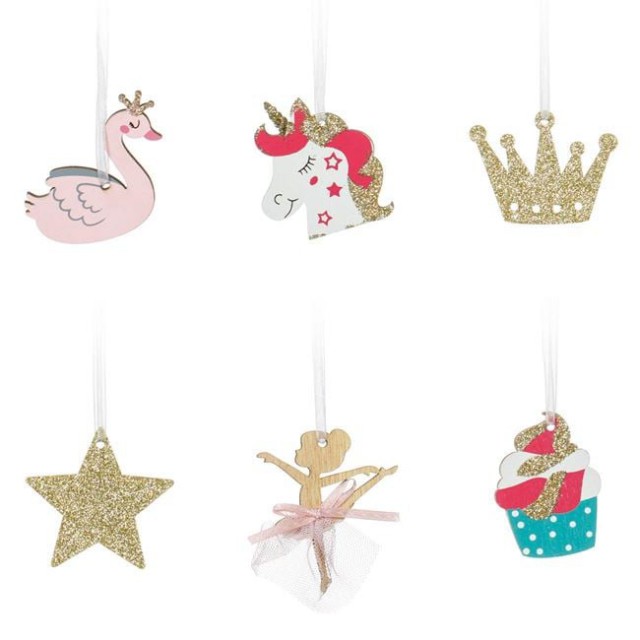 Ornamente Brad de Craciun din Lemn Lebada Balerina Coroana Unicorn Stea Inghetata - 6buc