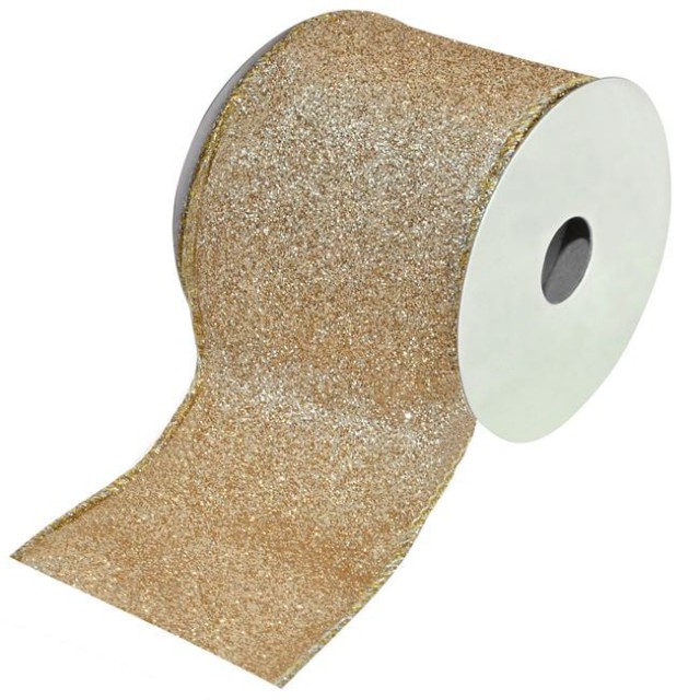 Panglica Decorativa Brad de Craciun Bej Sampanie Glitter - 5m x 63mm