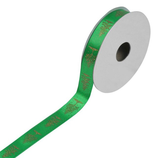 Panglica Decorativa Brad de Craciun Verde cu Brazi Aurii - 5m x 15mm