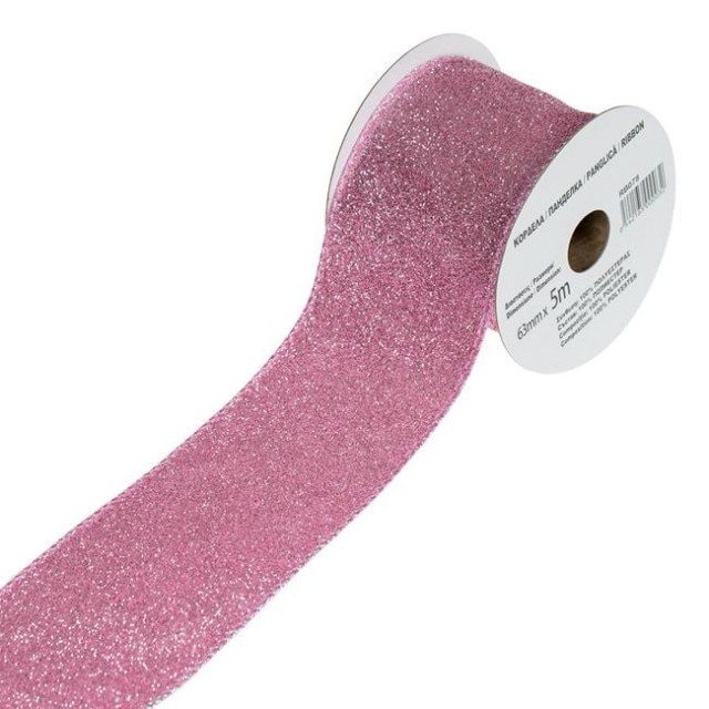 Panglica Decorativa de Craciun Roz cu Glitter 5mx63mm