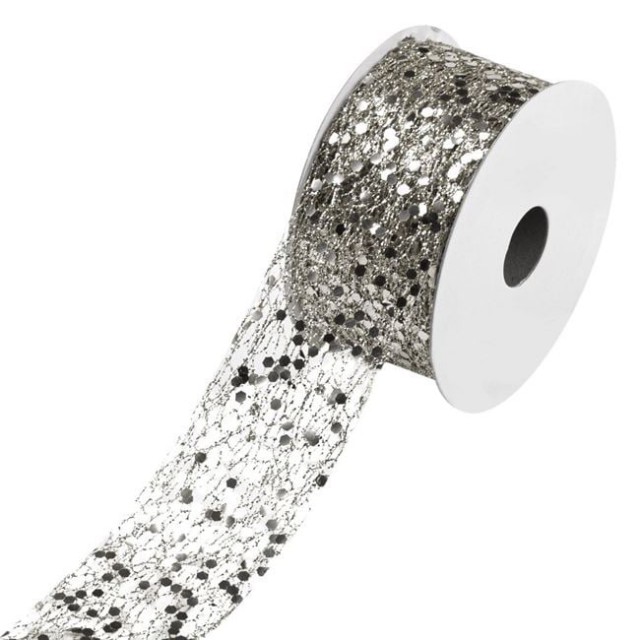 Panglica pentru Brad de Craciun Glitter Argintiu 5m x 38mm