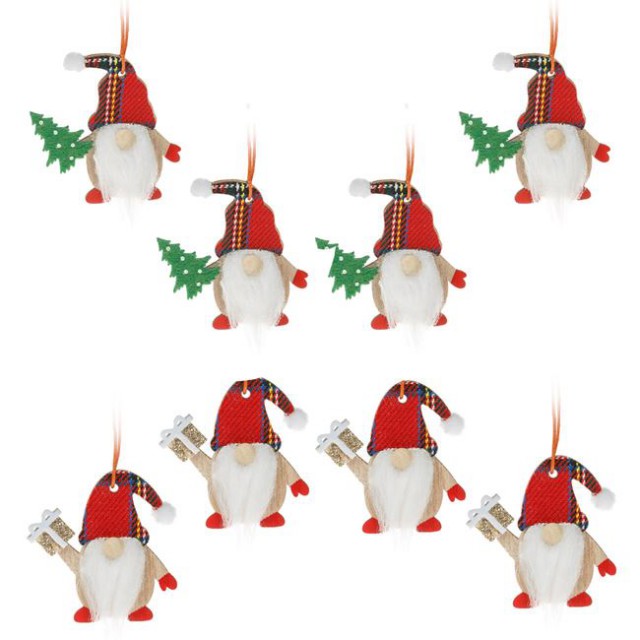 Set Ornamente Brad de Craciun Figurine Gnome din Lemn cu Caciula Rosie cu Carouri 6cm - 8buc