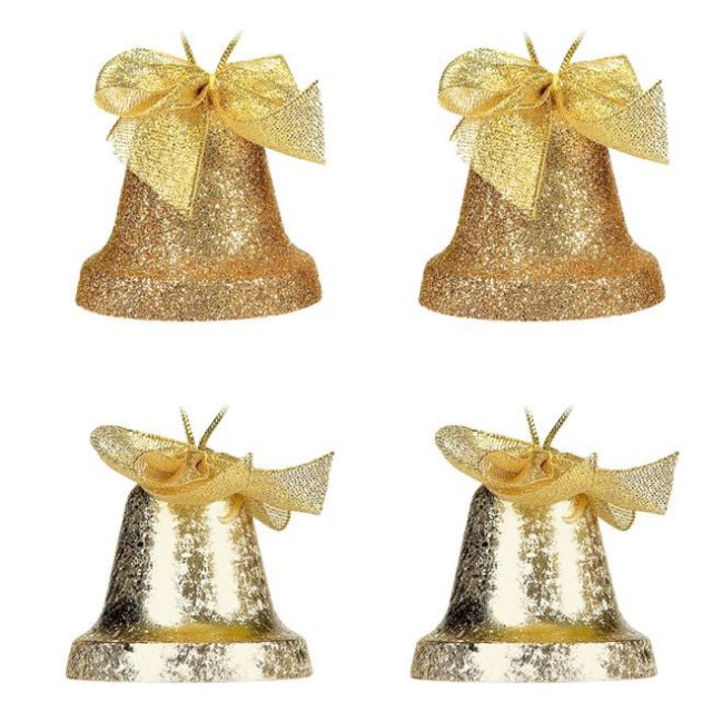 Set Ornamente de Craciun Clopote Aurii Mat Funga Glitter 6cm - 4buc