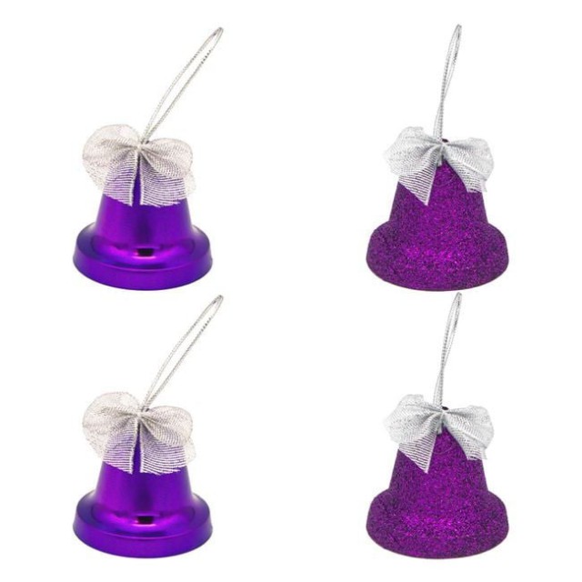 Set Ornamente de Craciun Clopote Mov Stralucitoare Glitter Fundite 6cm - 4buc