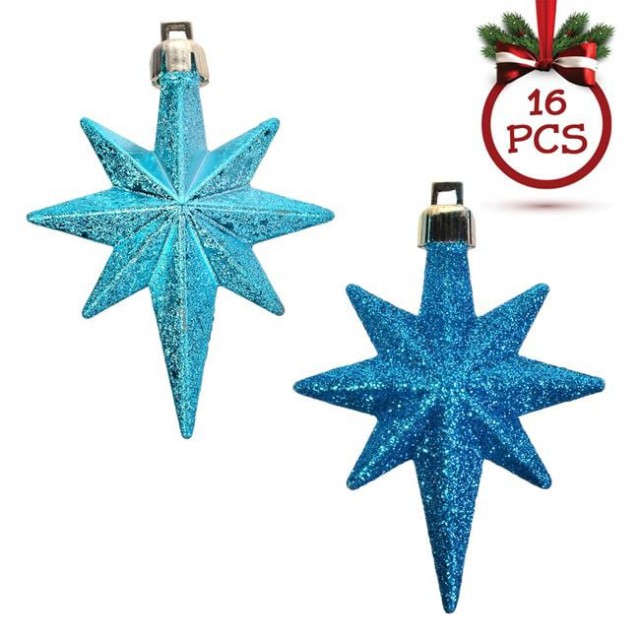 Set ornamente de Craciun Stele Turcoaz Glitter 8cm - 16buc