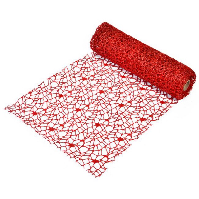 Tesatura Decorativa de Craciun Plasa Rosie Glitter 5m x 24cm