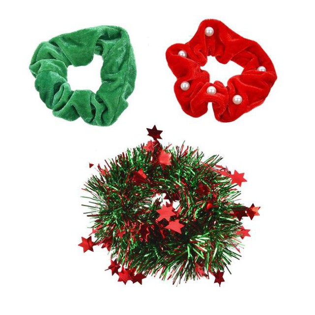 Elastice Par de Craciun Catifelate Verde Rosu cu Perle Albe Tinsel - 3buc