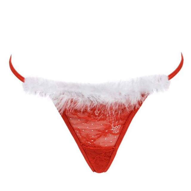 Lenjerie Intima de Craciun Chiloti String Rosu cu Puf Alb pentru Femei - One Size