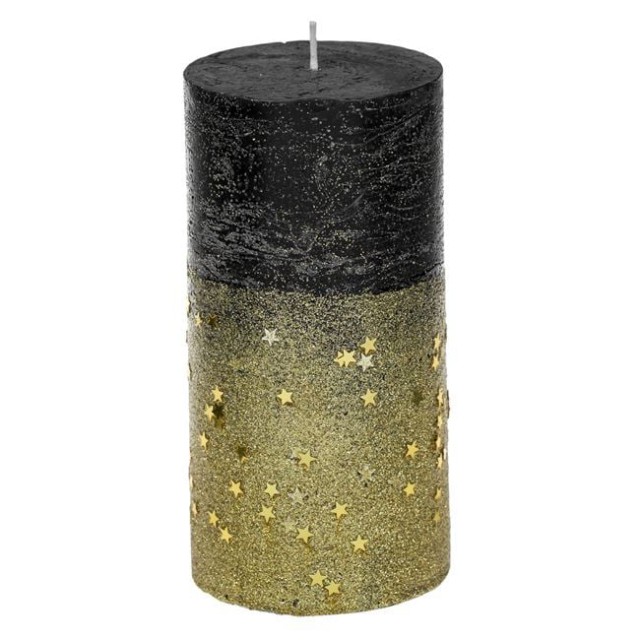 Lumanare Neagra cu Stele Aurii Glitter de Craciun Ø7x15cm