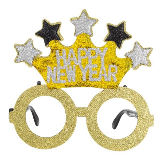 Ochelari cu Coroana Happy New Year Stele Aurii Negre & Glitter 15cm