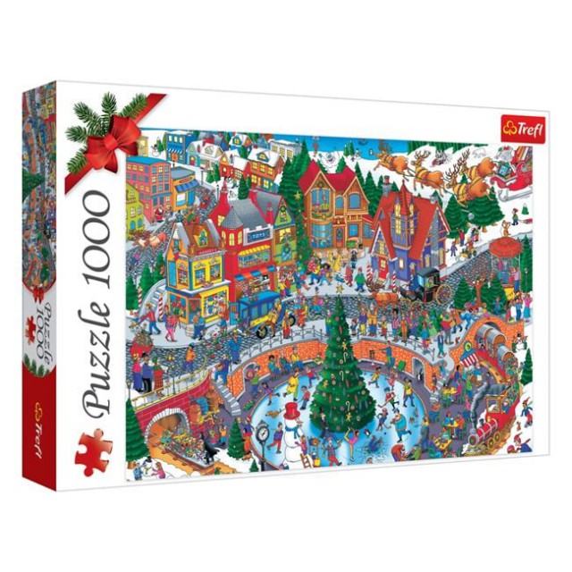 Puzzle de Craciun cu Oras Aglomerat cu Patinoar (1000 de piese) - Trefl