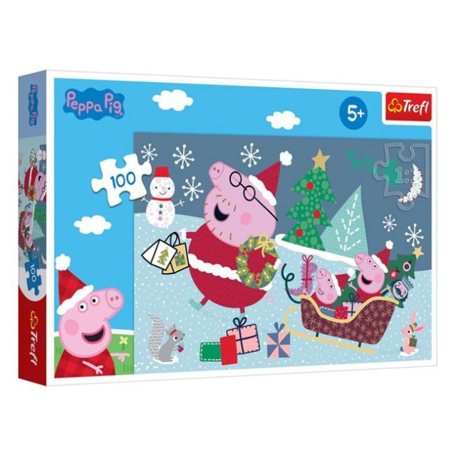 Puzzle de Craciun Peppa Pig cu Familia in Sanie (100 de piese) - Trefl