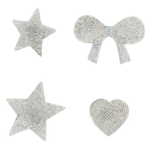 Set Autocolante - Patches Inimi Stele Fundite cu Strass Argintiu - 6buc