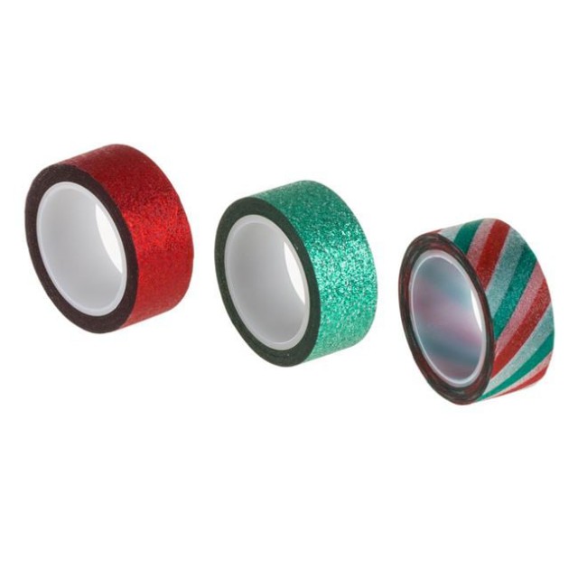 Set Benzi Adezive Washi Tape Rosie Verde Glitter Dungi 5mx15mm - 3buc