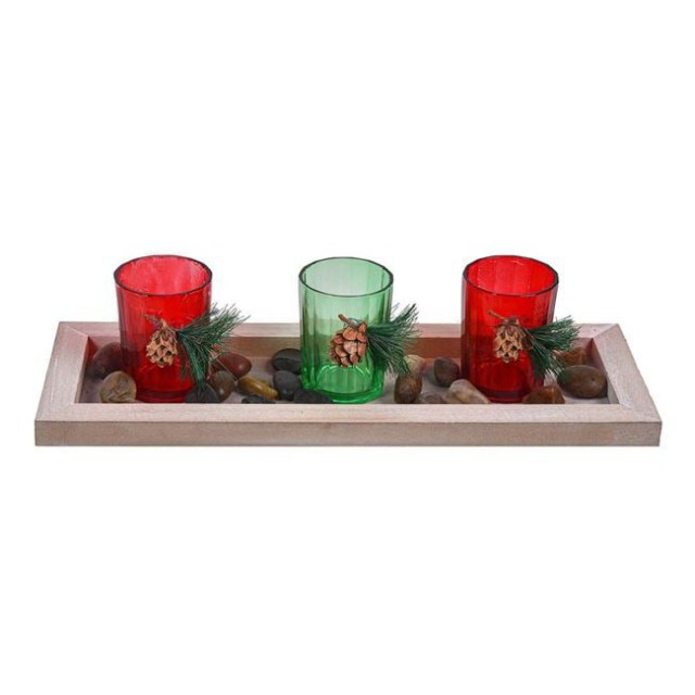 Suport Decorativ de Craciun pentru 3 Lumanari Rosu Verde Pietre 11.5x32cm