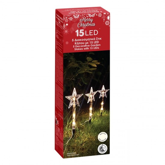 Instalatie de Lumini Stele Transparente 24cm cu Stick LED Operate cu Baterii 2.4m -  Alb Cald