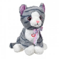 Pisica de Plus Gri cu Sunet si Urechi Fucsia cu Glitter 28cm