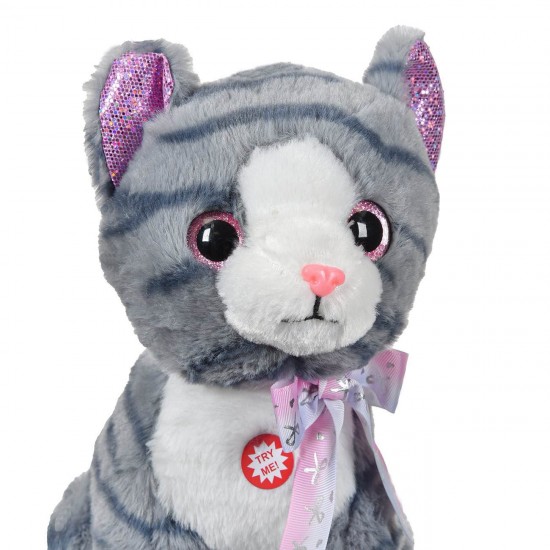 Pisica de Plus Gri cu Sunet si Urechi Fucsia cu Glitter 28cm
