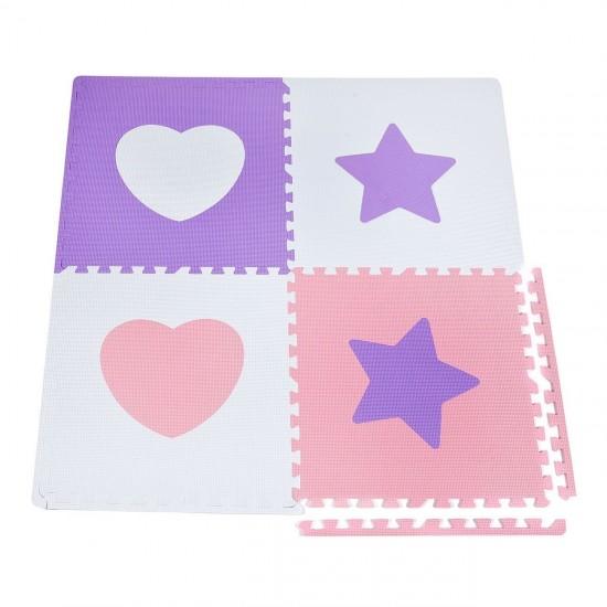 Covor Puzzle Inimi Stele Roz Alb Mov pentru Copii 61x61cm (4 Piese)