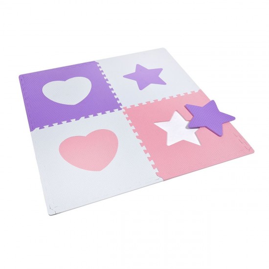 Covor Puzzle Inimi Stele Roz Alb Mov pentru Copii 61x61cm (4 Piese)