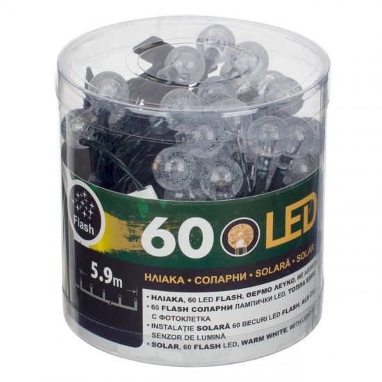 Instalatie de Lumini cu 60 de Becuri LED Albe Crystal & Senzor de Lumina 2 Functii  5.9m - Alb Cald