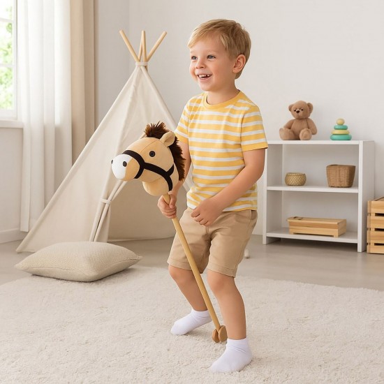 Calut de Jucarie Bej pe Bat cu Roti & Sunet