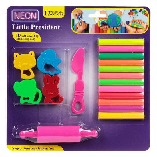 Set Plastilina 12 Culori Diferite Neon cu Forme & Cilindru & Cutit - 18 piese
