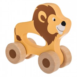 Jucarie din Lemn Leu Portocaliu cu 4 Roti 11.5x12x4.5cm