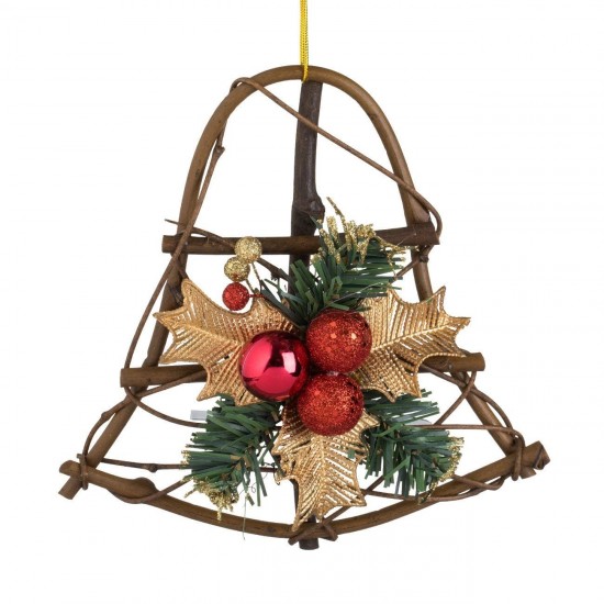 Clopot Decorativ de Craciun Ramura de Pin Vasc Auriu cu Globuri Rosii 21cm