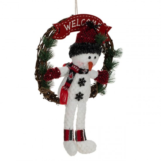 Coronita Decorativa de Craciun din Lemn Om de Zapada Welcome Rosu 33cm