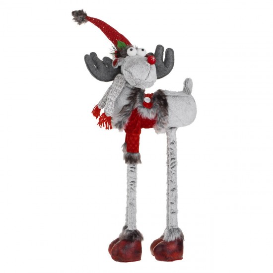 Figura Decorativa Cerb de Craciun Haina Rosie Fular Gri 86cm