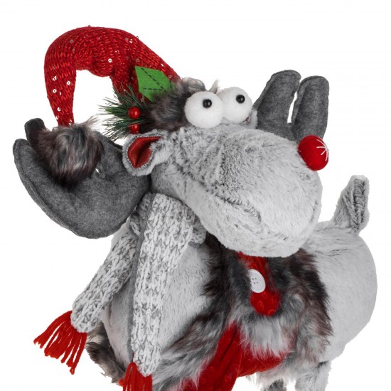 Figura Decorativa Cerb de Craciun Haina Rosie Fular Gri 86cm