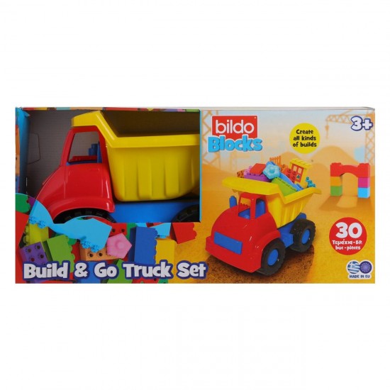 Camion Rosu Galben Albastru cu Caramizi Colorate (30 de piese) 32x20x25cm